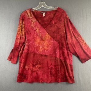 VTG Y2K Fire Red Faux Wrap Embroidered Knit Top Women’s 2X Made In USA Only Nine